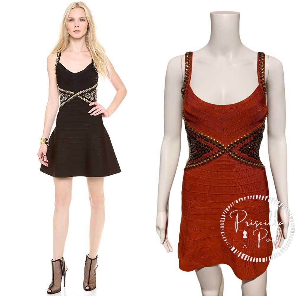 Herve Leger Ayia Studded Mini Dress in rust red